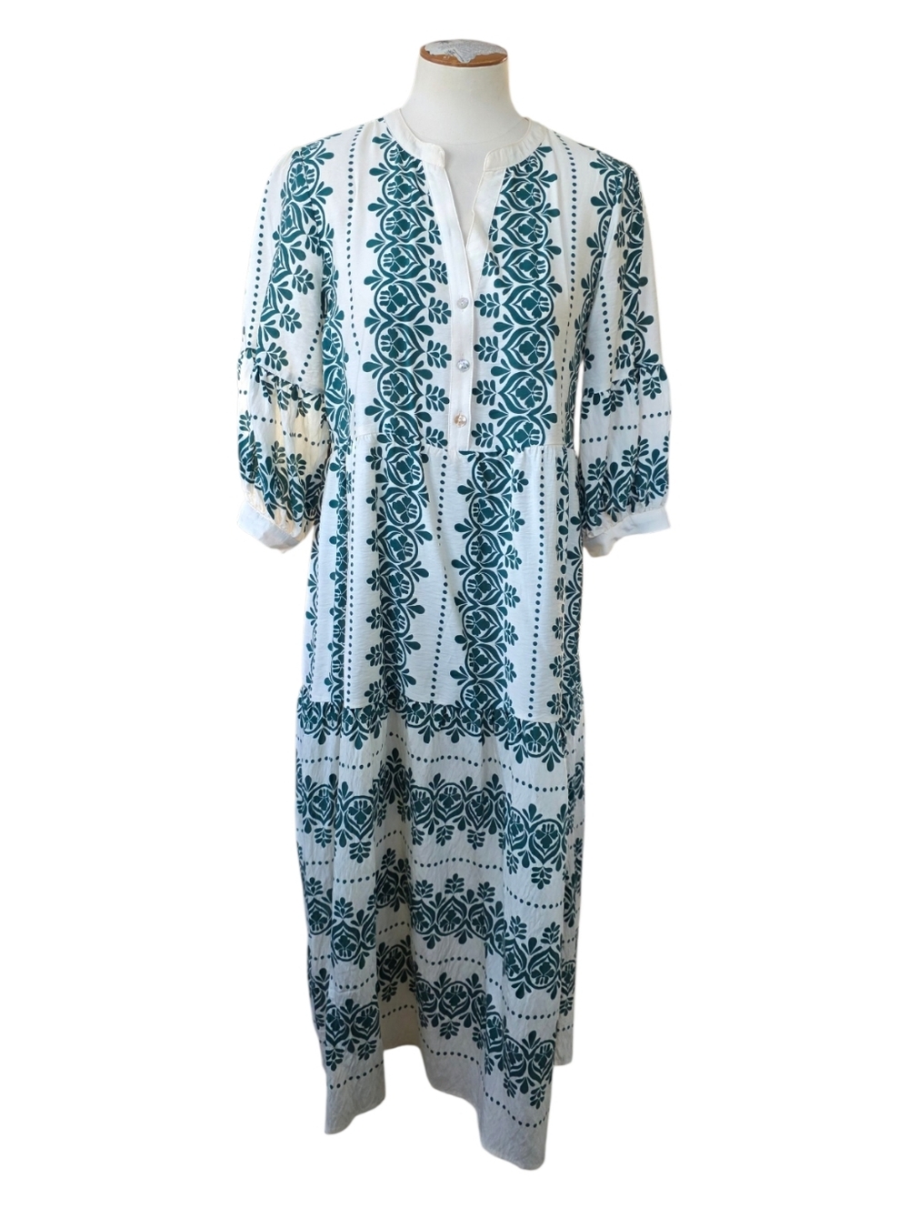 NWOT Anthropologie Fig + Flower Dress Size M Green Print Boho Tiered Dress - Picture 2 of 11